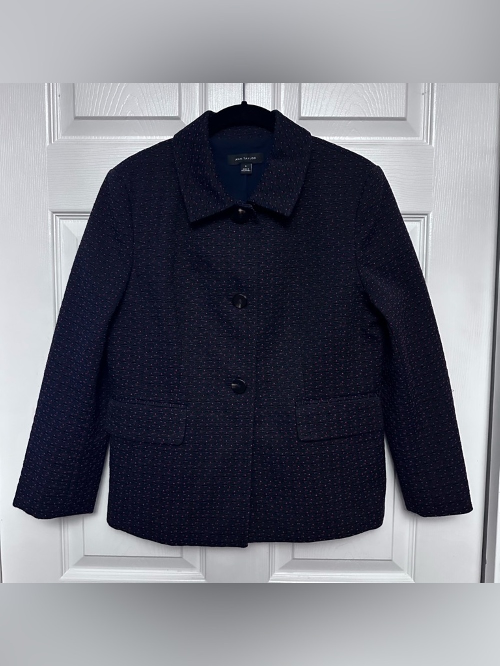 Ann Taylor Navy Red Textured Knit Jacket Size 8 Gold Button Preppy Blazer